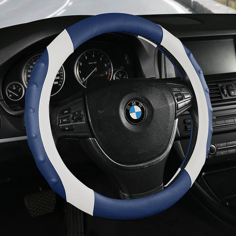 New Color Contrast Stitching Non-slip Leather Car Steering Wheel Cover Comfortable and Wear-resistant Car Interior two Shapes