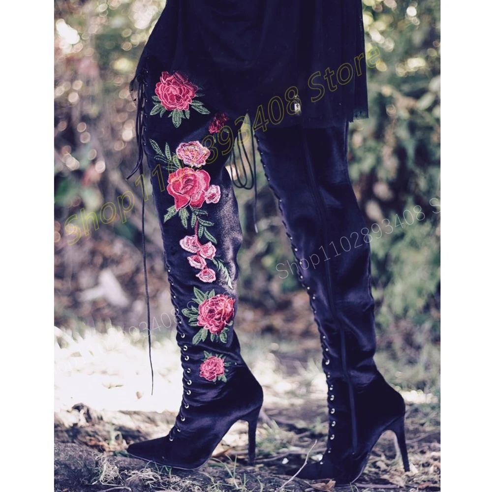 

Black Embroidery Flower Suede Over the Knee Boots Suede Elegant Front Lace-up Stiletto High Heel Women Shoes 2024 Para Mujere