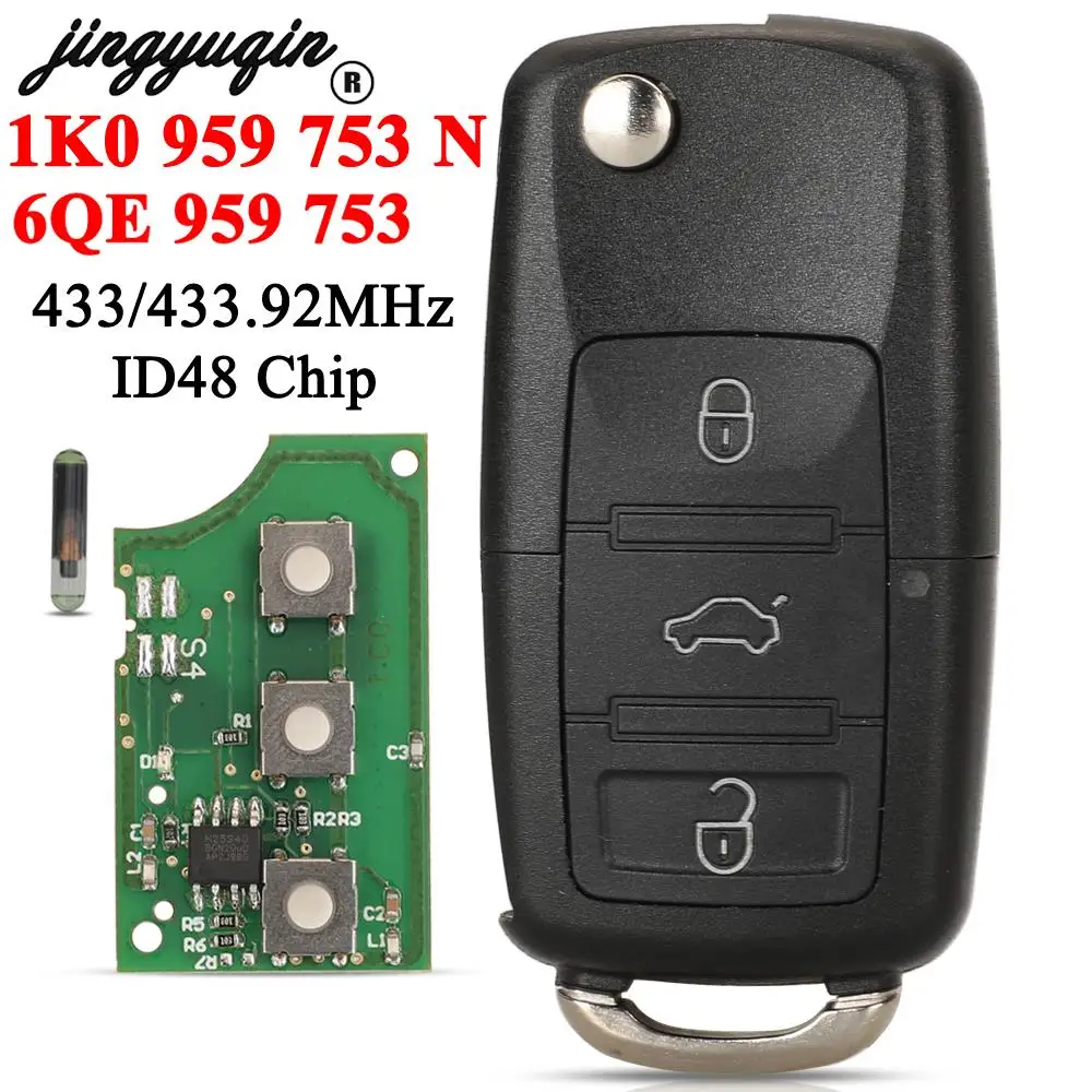 jingyuqin 1K0 959 753 N For VW Volkswagen Golf Jetta Golf Passat Beetle 434Mhz Flip Remote Key ID48 Chip 3 Buttons 6QE 959 753