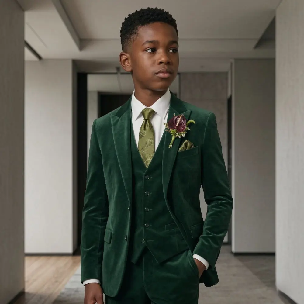 Classic 3 Pieces Child Suits Velvet Wedding Custom Made Slim Fit Bou Tuxedo For Ceremonies Formal Parties Family Celebrations