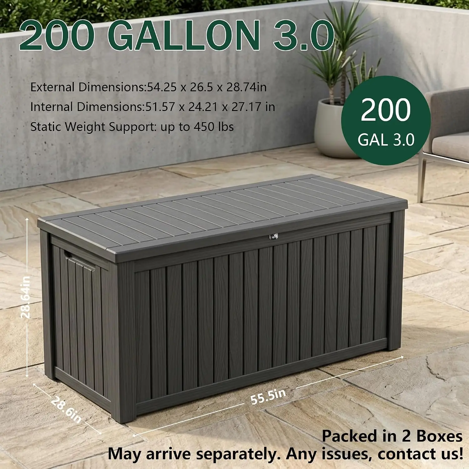 200 Gallon Weather‑Resistant Outdoor Storage Deck Box, Large Capacity Patio Storage Container for Backyard Garden Poolside Organizing