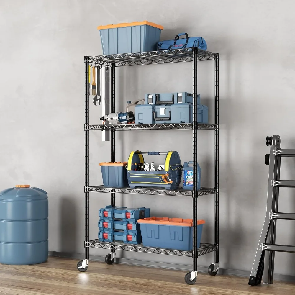 SINGAYE-Prateleira De Armazenamento Ajustável com Rodas, Heavy Duty Shelving Unidade, Rack De Armazenamento, Prateleiras De Arame para Garagem, 4 Tiers