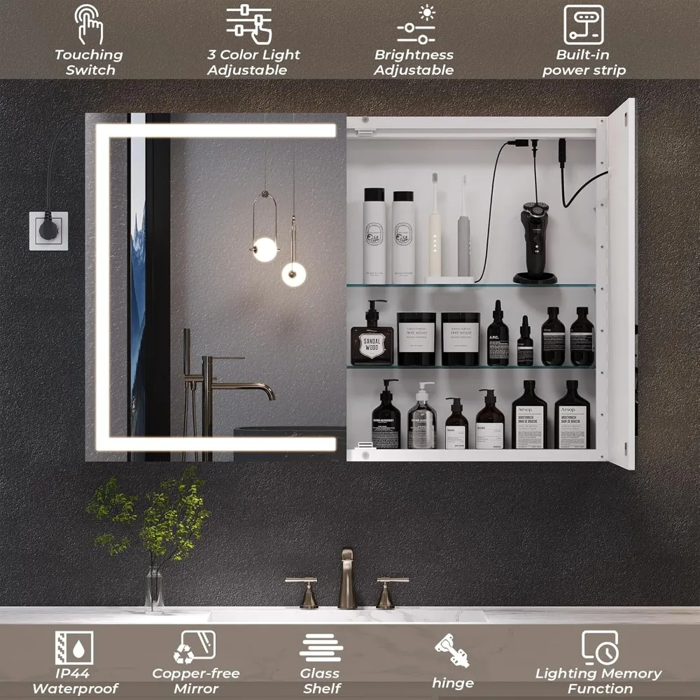 Bathroom Mirror,35'' X 23'',Medicine Cabinet,with Storage, 2 Doors Bathroom Wall Cabinet,LED Lights, ,Wall Mounted Mirror