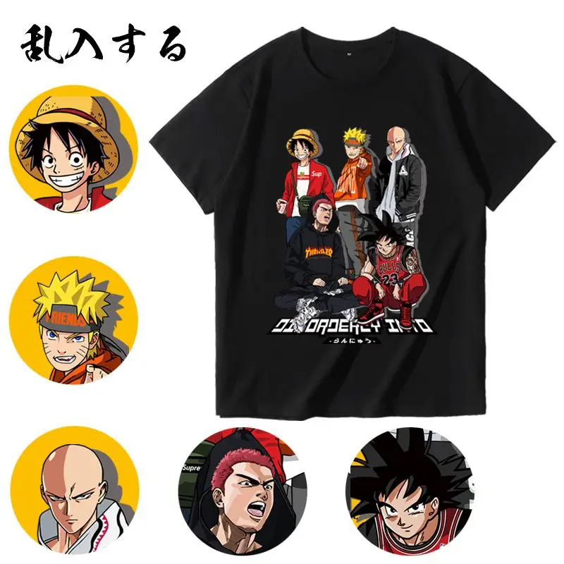 

2025 Sun Wukong Sakuragi Hanamichi Fist Man Luffy Naruto Trendy Brand Collaboration Loose Couple Short Sleeved T-shirt