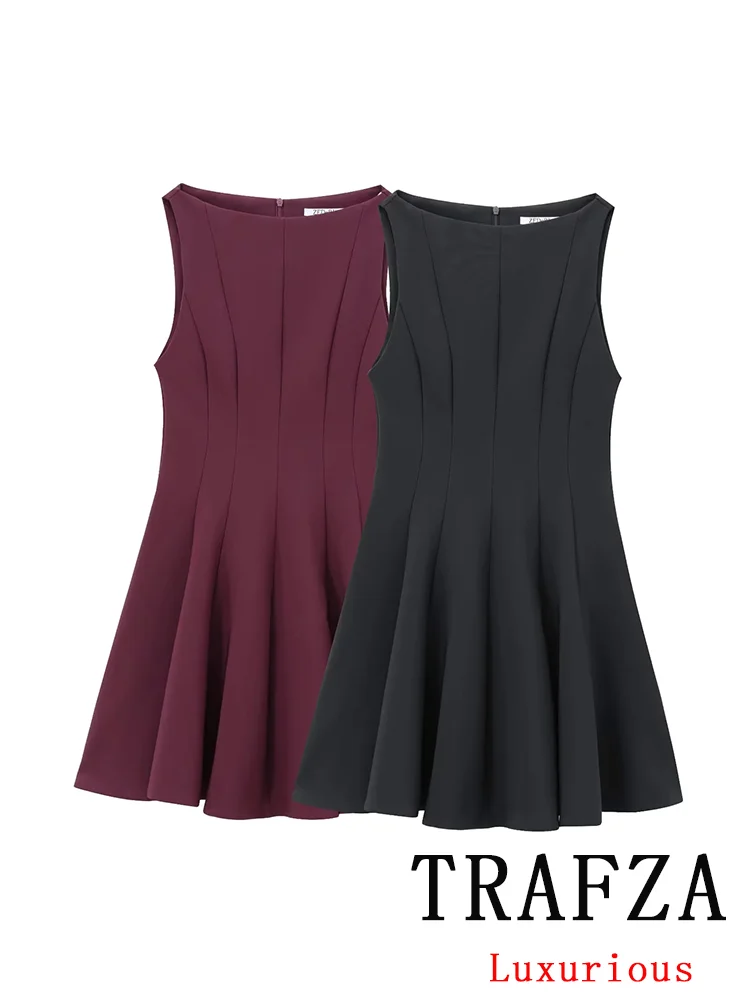 TRAFZA Vintage Casual Chic  Women Dress Solid Sleeveless O-Neck Zipper Mini Dress New Fashion 2024 Autumn Winter Female Dress