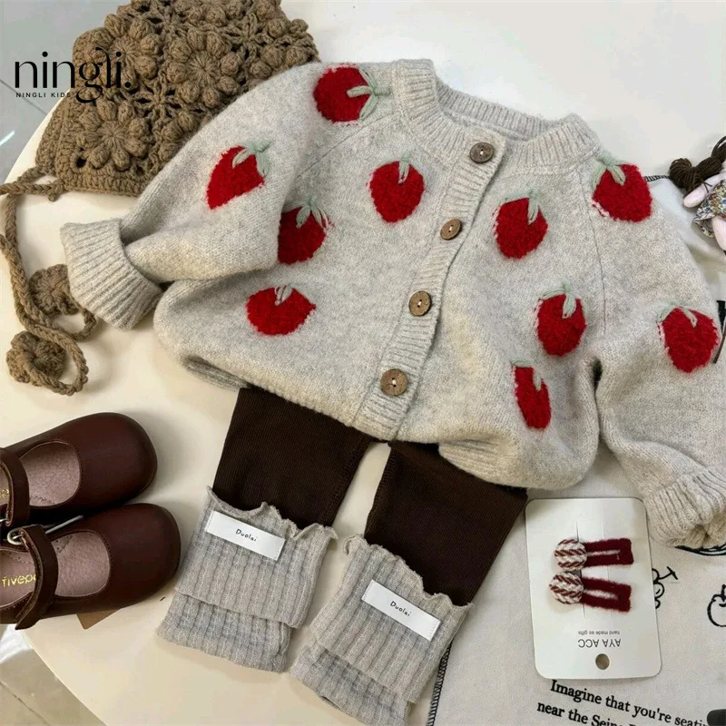 

Autumn Children Girl 2piece Set Cherry Embroidery Kids Girl Single Breasted Button Long Sleeve Sweater Little Girls Soft Legging