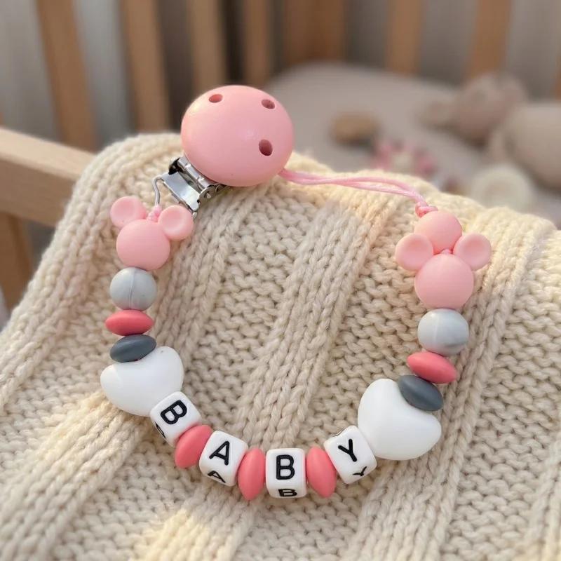 Aangepaste babynaam fopspeenhouder blauw hart siliconen kralen handgemaakte dummy clip voor jongens douchegift tepelriem bijtketting