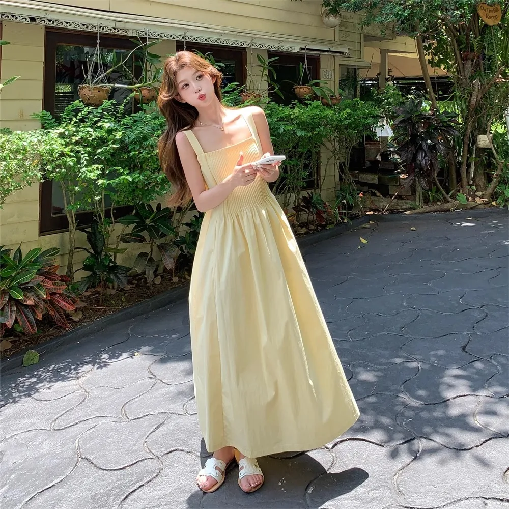 فساتين نسائية بدون أكمام أنيقة لضيف حفل الزفاف الصيف زين مطرزة تجمع Shiring Smocking التدريبات مطرز