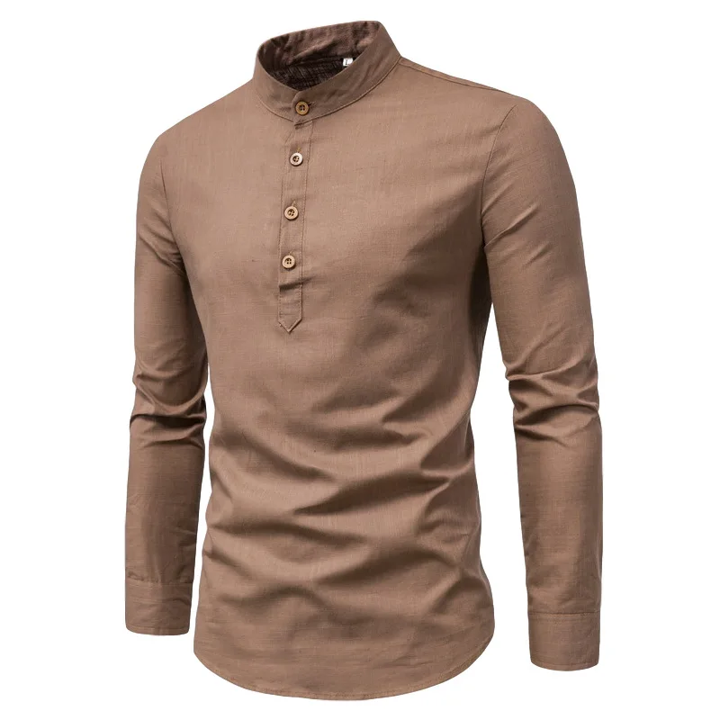 

Spring Autumn Fashiona Slim Fit Solid Color Long Sleeved Men's Clothing Business Stand Collar Cotton Linen All-match Chic Shirts