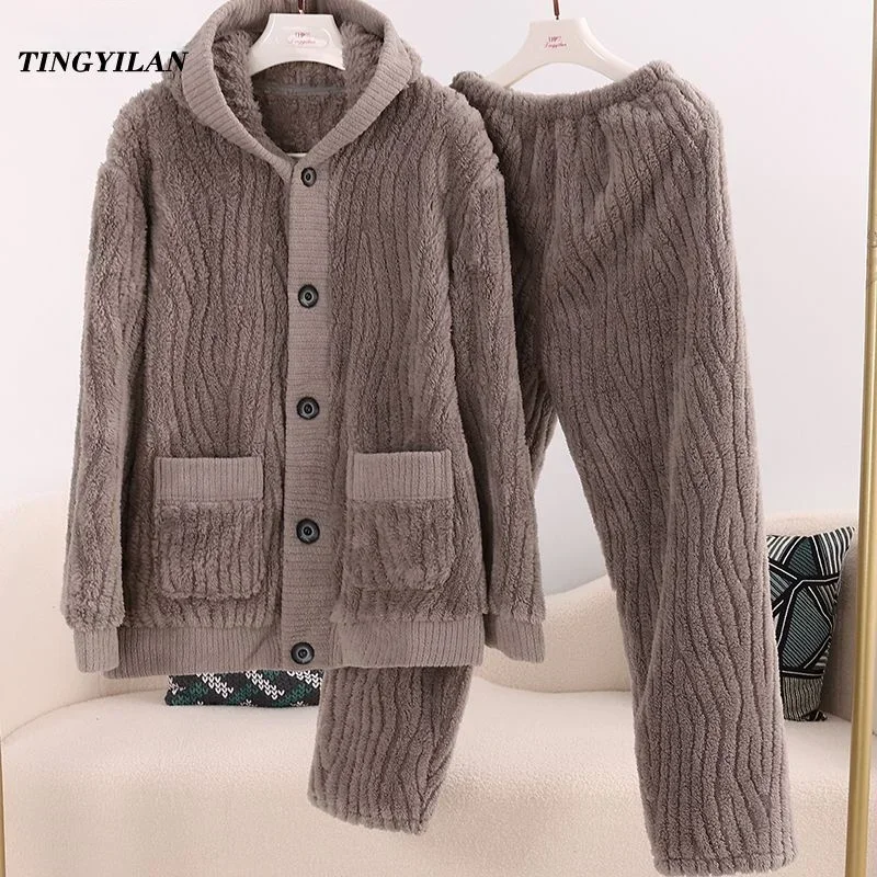 Pajama Men\'s Suit Autumn/Winter Coral Velvet Home Coat Long Sleeve Thick Warm Large Size Home Coat Flannel Underwear New 2024