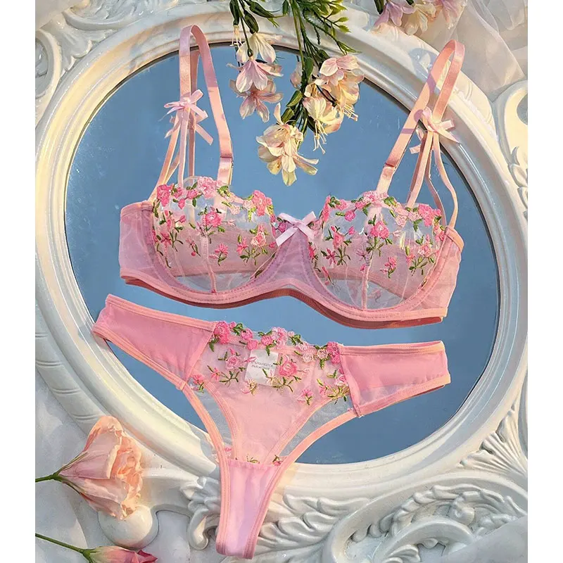 Bowknot Lingerie Sexy Floral Embroidery Underwear Transparent Lace Short Skin Care Kits Delicate Fairy Set Woman 2 Pieces