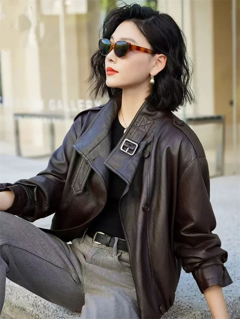 المرأة الأمريكية موضة فو الجلود أبلى 2025 السيدات طويلة الأكمام بولي Leather سترة جلدية الشتاء الإناث الوقوف طوق معطف جلد