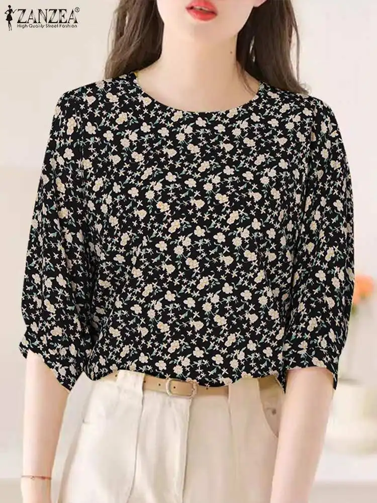 ZANZEA Women Floral Print Blouse Korean Fashion Half Sleeve Tops 2024 Summer Round Neck Tunic Holiday Casual Shirts Oversized