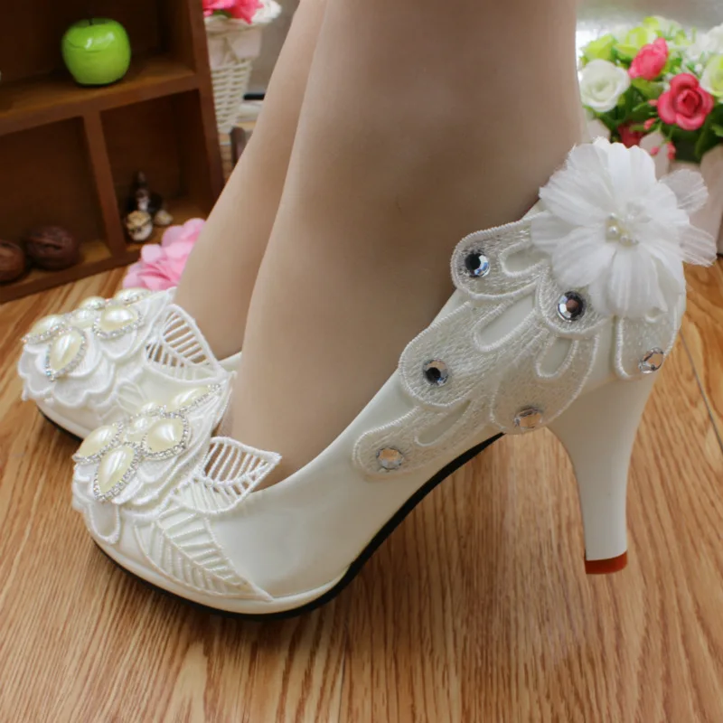 Damskie nowe luksusowe czółenka ślubne PU 3 5 8CM na cienkim obcasie moda Rhinestone Bling kwiat kobieta buty pojedyncze buty