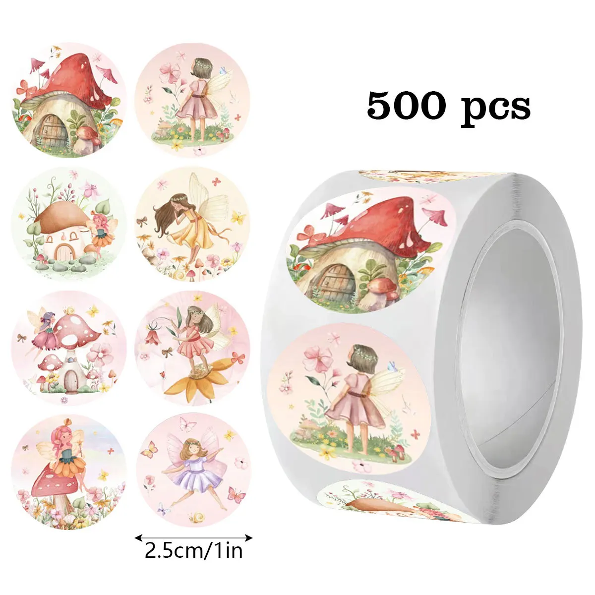 500Pcs Watercolor Fairy Round Stickers Roll 1 Inch, Elf Mushroom House Kids Reward Decorative Stickers for Scrapbook