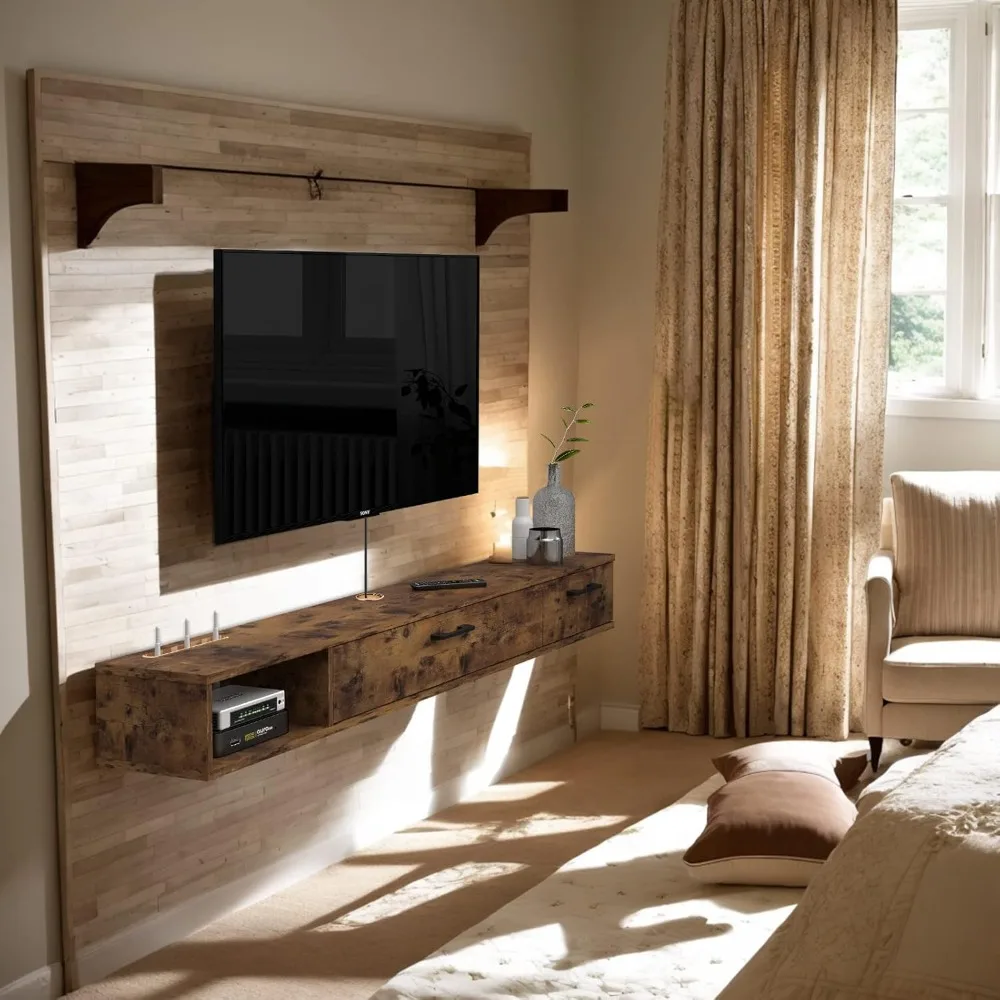 Rustic Wall-Mounted TV Stand with Two Doors and 55 Floating Shelf Console