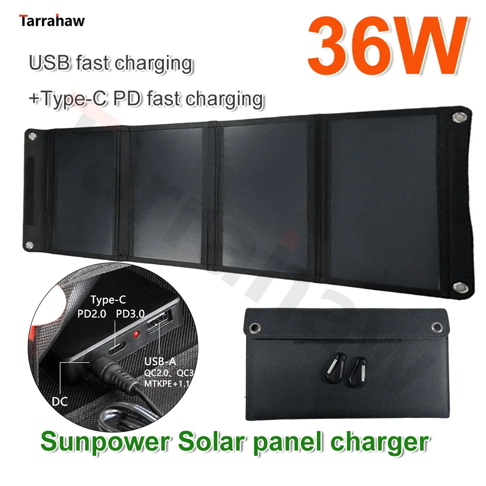 Sunpower Solar Panel 36W 4 Cells Portable Mobile Phone Outdoor Hike Power Bank PV Plate Smart USB Type-c Fast Charge Folding Bag