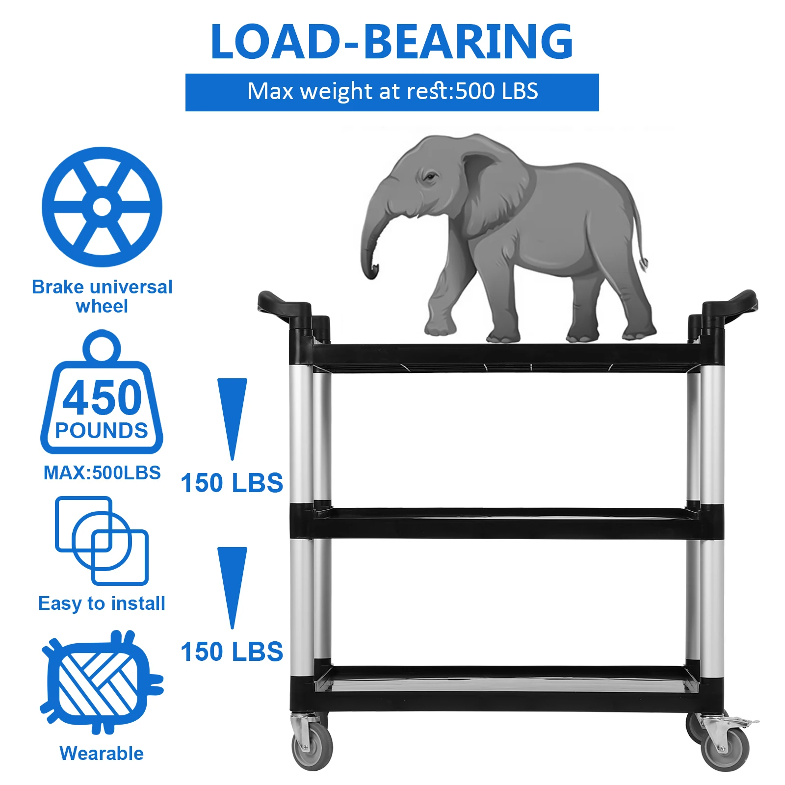 Heavy Duty 3-Shelf Rolling Service/Utility/Push Cart, 360 Lbs. Capacity, Black, For Foodservice Restaurant Cleaning