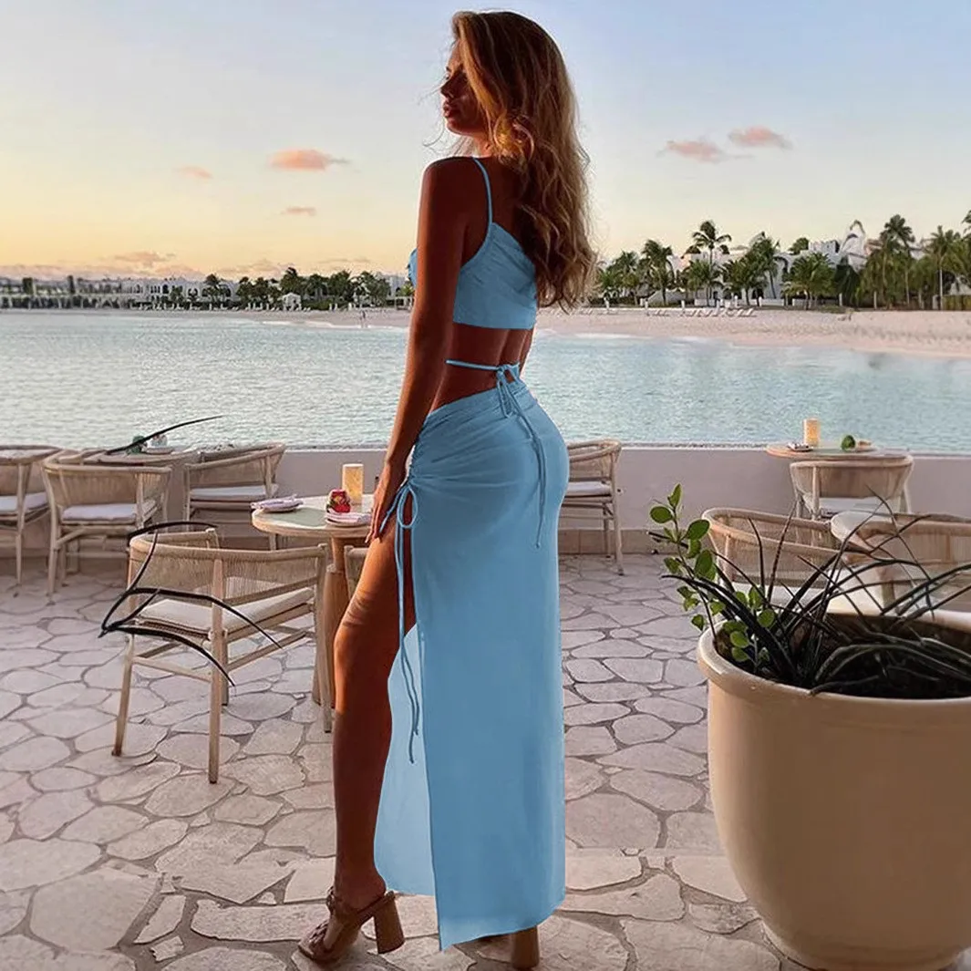 크로스 넥 홀터넥 여성 드레스 섹시한 레이스 업 컷 아웃 롱 슬릿 드레스