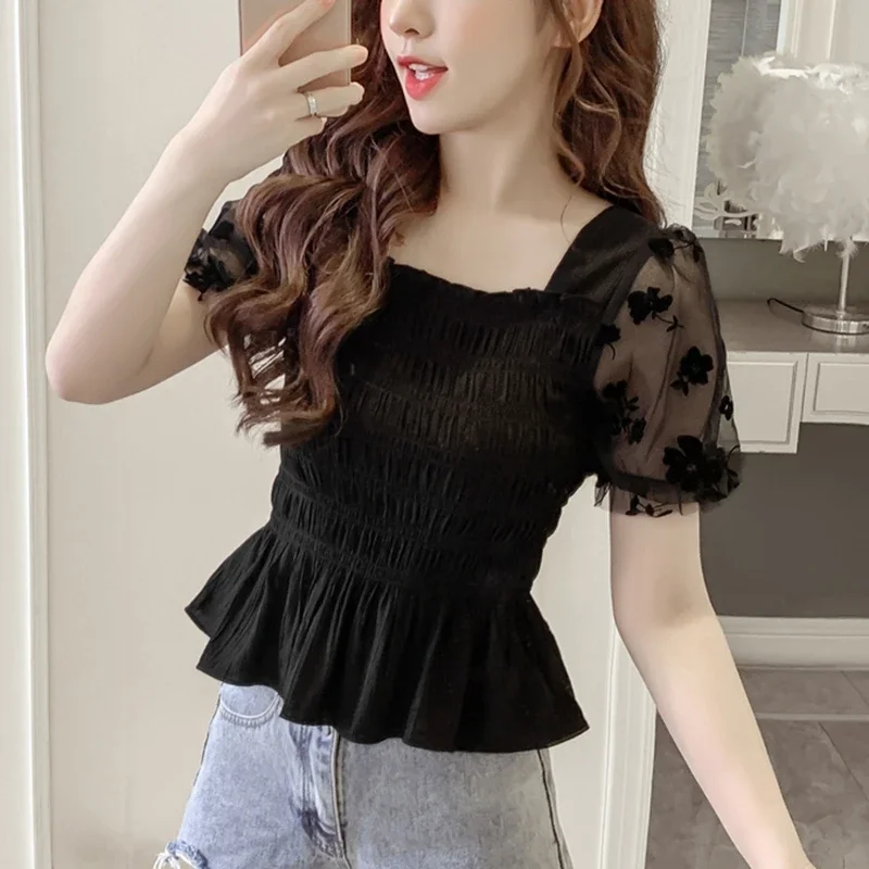 Mùa Hè Tay Phồng Corset Top Áo Nữ 2022 Thời Trang Lưới Miếng Dán Cường Lực Blusa Mujer Hàn Quốc Sexy Voan Đen Áo Kiểu