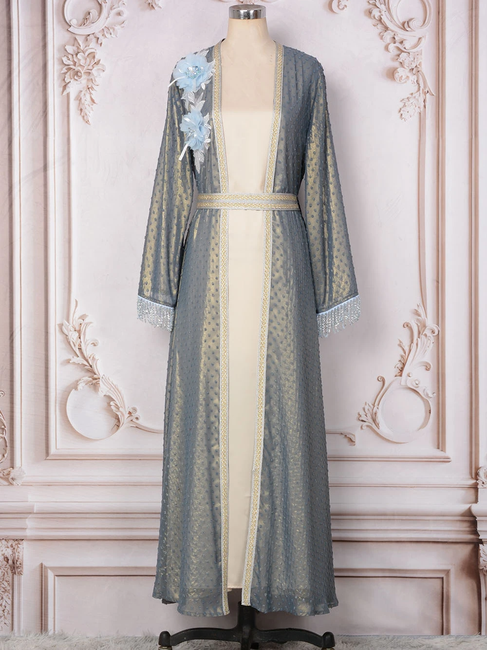 بأسعار معقولة قطعتين فستان سهرة ماكسي قفطان هامش الأصفاد زهرة ديكور فستان حفلات فضفاض للنساء ملابس يومية وصول جديد