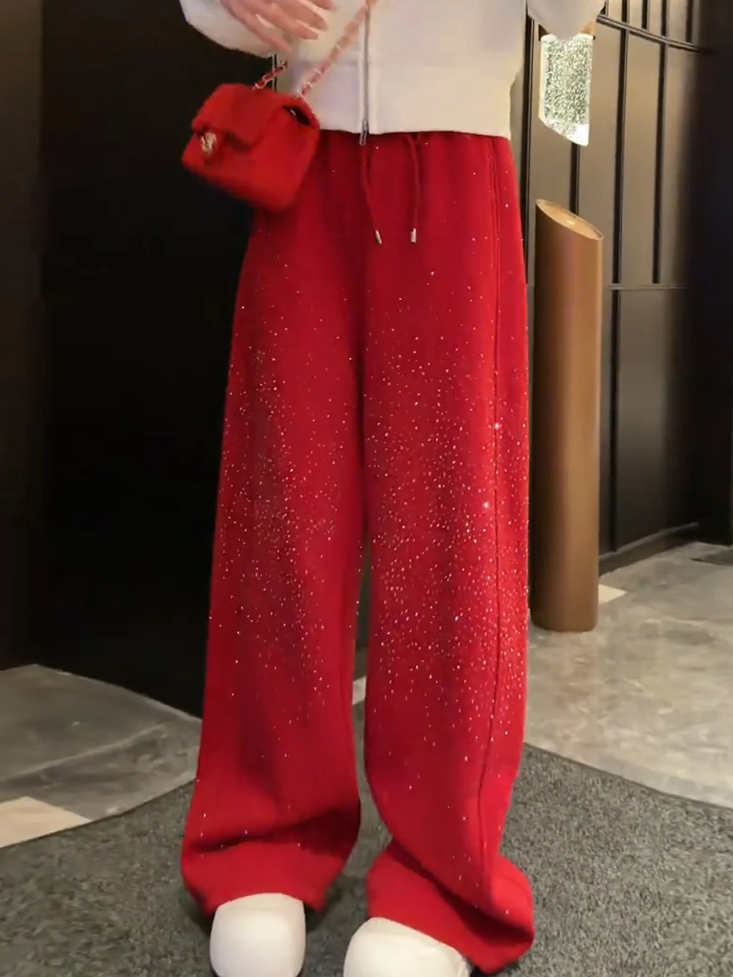 Red Sequin Wide Leg Pants Women's High Waist Slimming Casual Spring 2026 Korean Style Fashionable All-Match Leisure Trousers