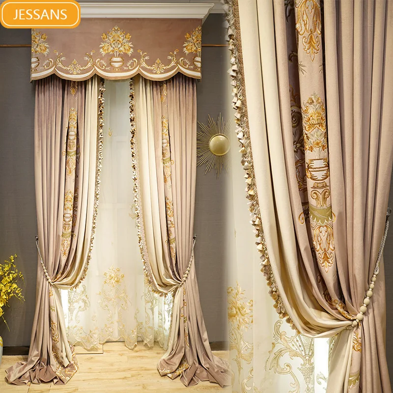 

Customized Villa Milk Tea Color Embroidery Window Screen Velvet Patched Curtains for Living Room Bedroom French Window Balcony