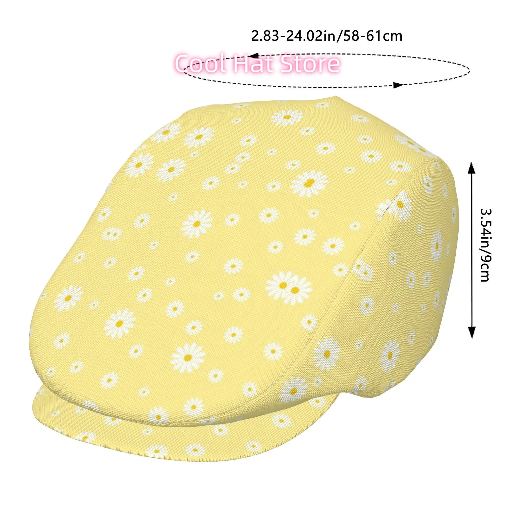 Yellow Daisy Print Stylish Retro Newsboy Cap, Unisex Beret, British Avant-garde Cap, Adjustable Solar Protection, Classic Casual