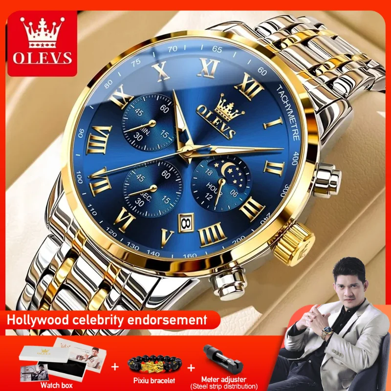 

OLEVS 5529 Mens Watch Waterproof Luminous Quartz Wristwatch Dial Multifunctional Chronograph Watch Single Calendar Moon Phase ﻿