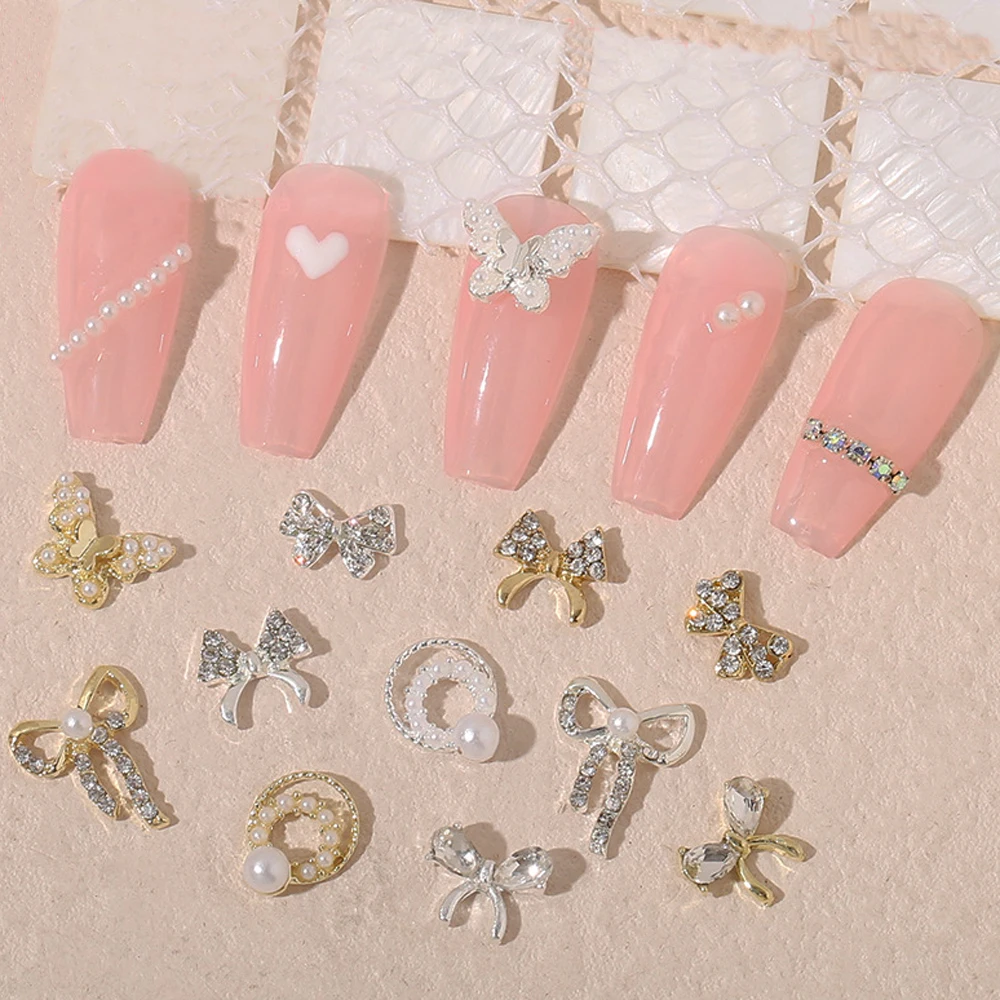 10pcs Alloy Ribbon Nail Art Charm 3D Full Glitter Pearl Diamond Butterfly Ribbon Nail Decoration DIY Glitter Nail Accessories