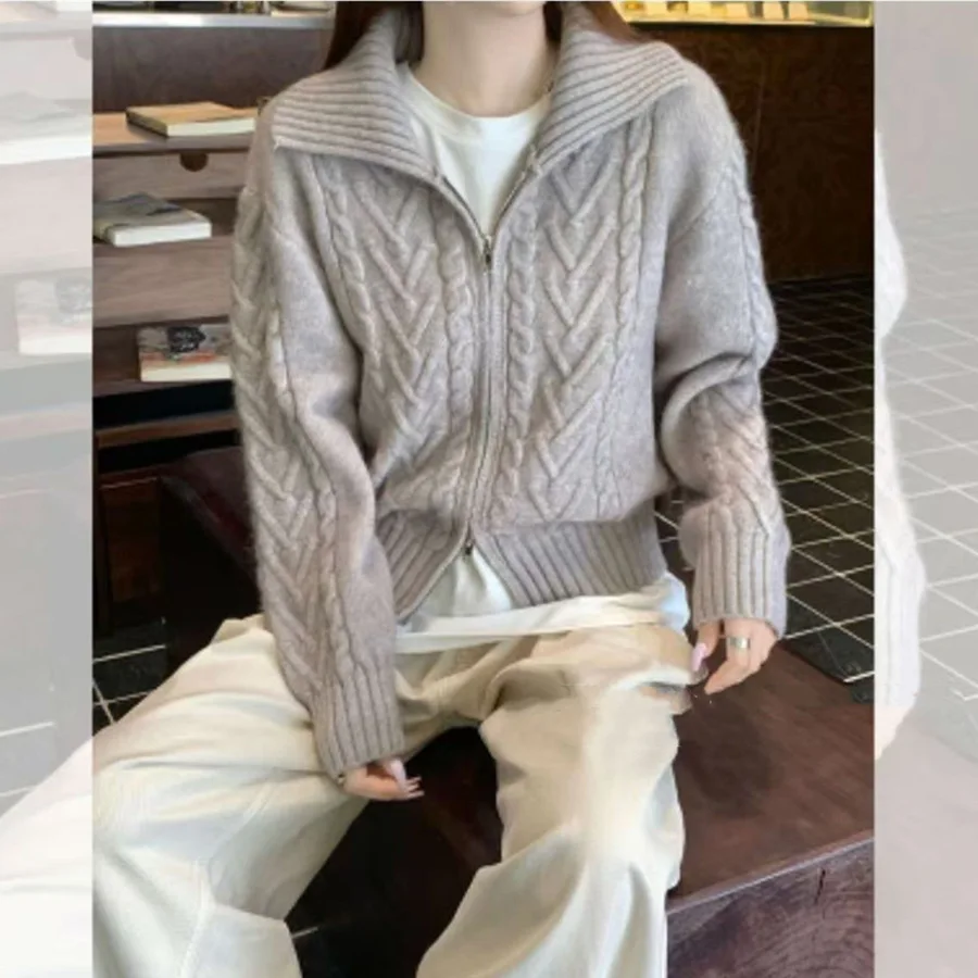 

Knitted Women Cardigan Casual Jumpers Zipper Turn Down Collar Long Sleeves Loose Fit Thick Slight Strech Office Lady 2025 Autumn