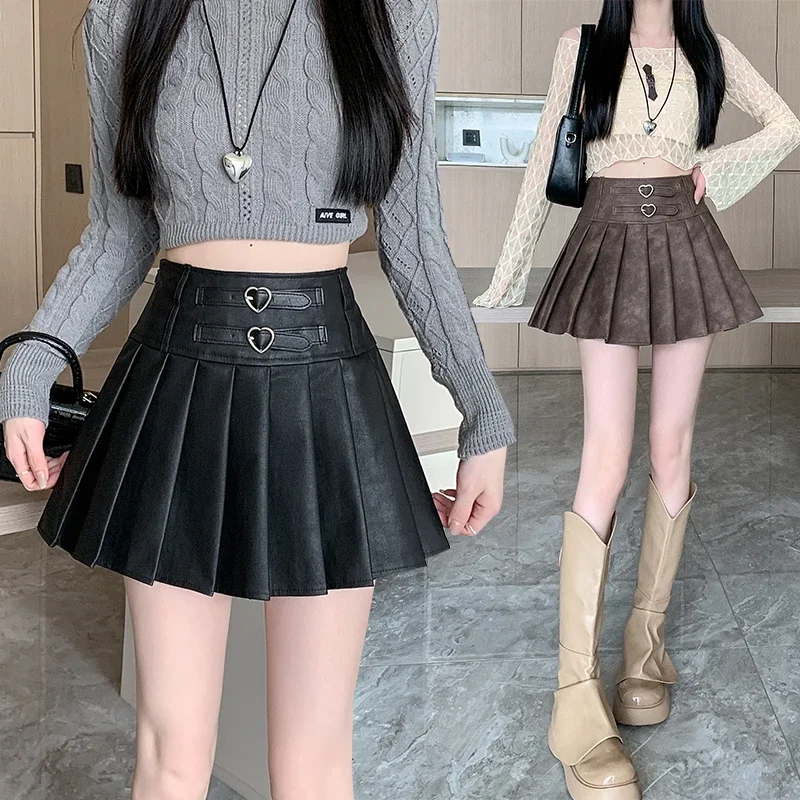 High waisted leather skirt, half body skirt, autumn and winter style, sweet, cool, spicy girl style, pleated skirt, short skirt