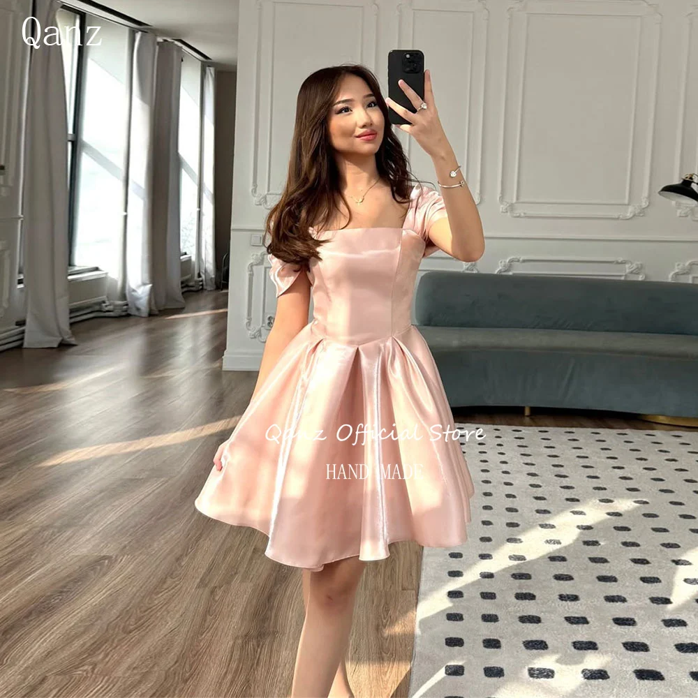 Qanz Blush Pink Mini Prom Dress Glossy Satin Off The Shoulder Dress Woman Elegant Party Wedding Short Party Gowns Customized