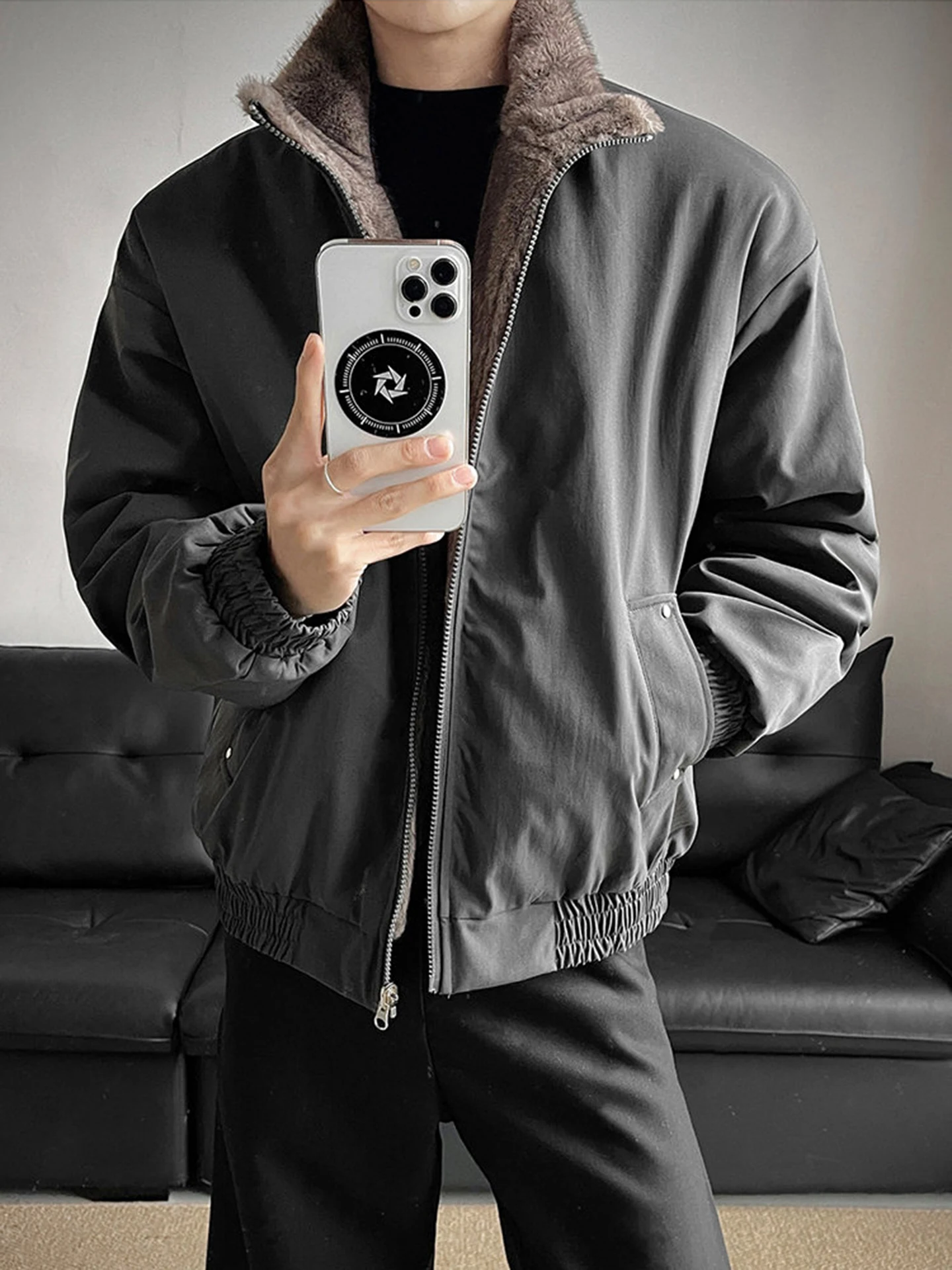 

Thiened Double-sided aphite ey Cotton Jaet Men's Winter Warm ort Flight Jaet Mountain Eagle Pattern Inner Fce