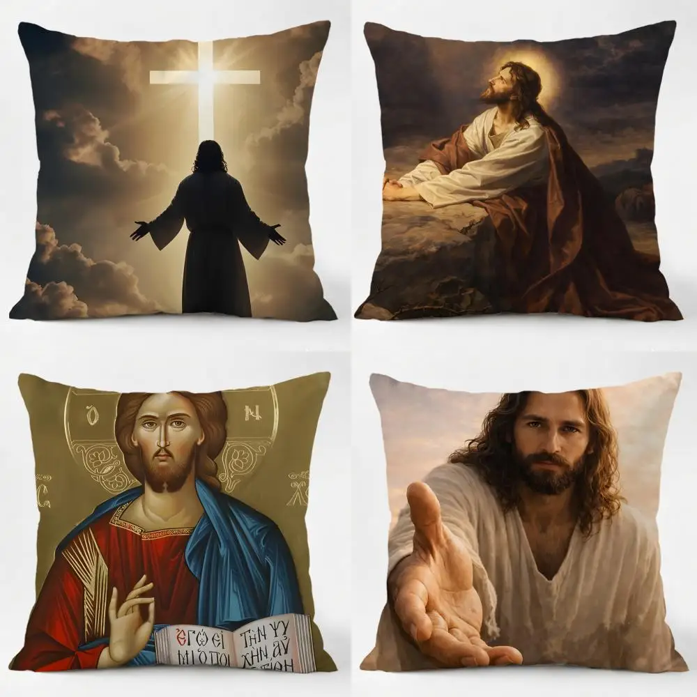 J-Jesus Christ Pillow Religious Decor Cushion Cover Daily Washable Linen Pillowcase Soft  for Sofa Bed Home Room Decor