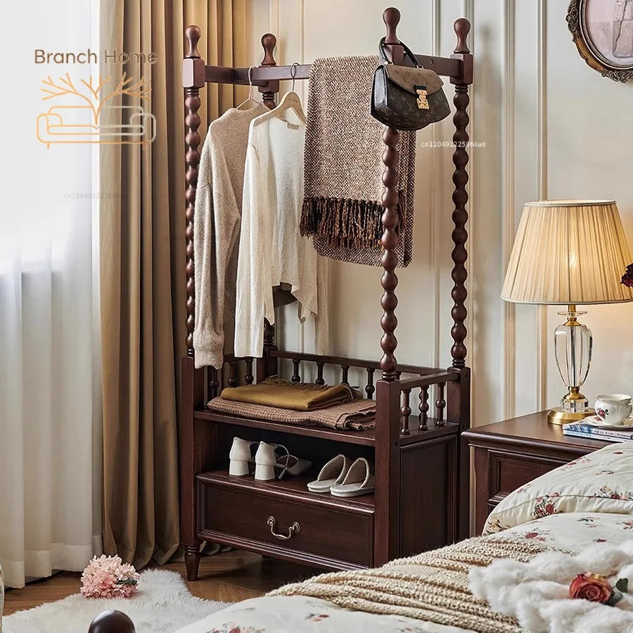French retro solid wood coat rack antique style bedroom floor storage hanger bedside clothes artifact at night