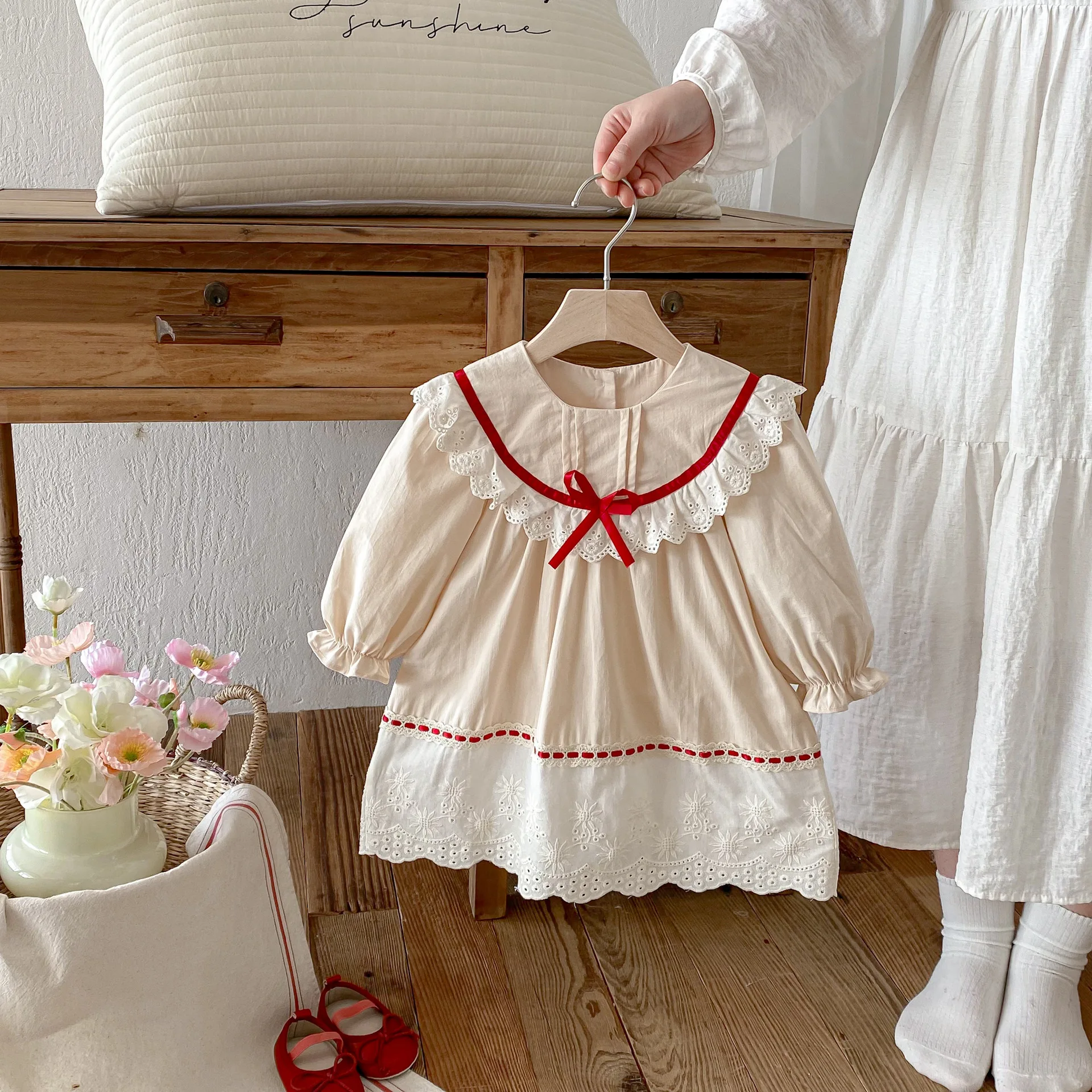 

2026 Spring New Children Long Sleeve Dress Cotton Baby Girl Bow Lace Ruffled Collar Princess Dress Girls Dress Kids Clothes