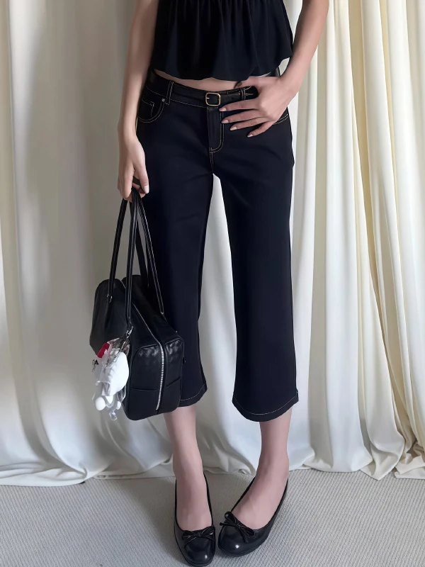 

Retro American Black Early Seven Pants Women Summer Millennium Hot Girl Tight Straight Micro Flared Denim Shorts Jeans