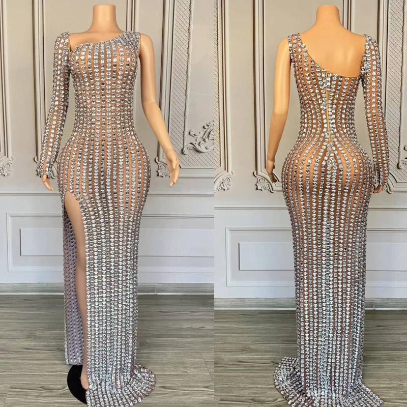 Sukienki damskie na imprezę, uroczystość, z jednym rękawem, pełne cyrkonie, stroje festiwalowe, kostium do tańca jazzowego, strój sceniczny XS9968