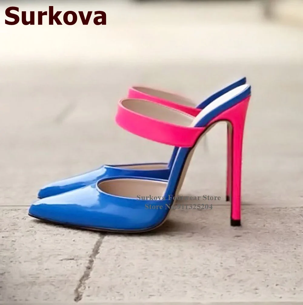 

Surkova Hot Pink Stiletto Heel Pointed Toe Dress Shoes Blue Purple Color Patchwork Slip-on Banquet Pumps Ele Band Slippers US14