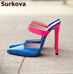 Surkova Hot Pink Stiletto Heel Pointed Toe Dress Shoes Blue Purple Color Patchwork Slip-on Banquet Pumps Ele Band Slippers US14