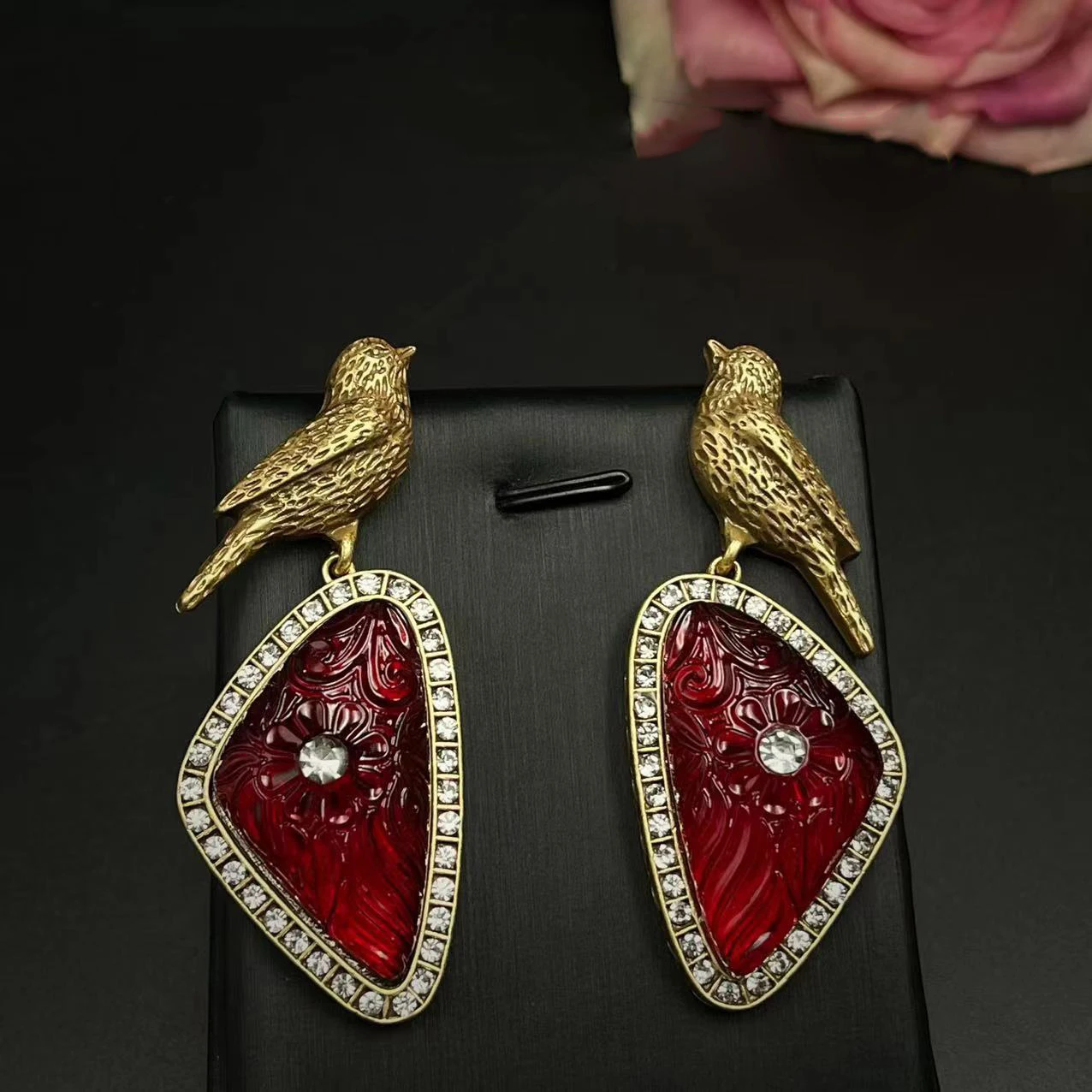 Vintage European and American Green Geometric Earring Bird Triangle Retro Heavy Industry Exaggerated Earrings