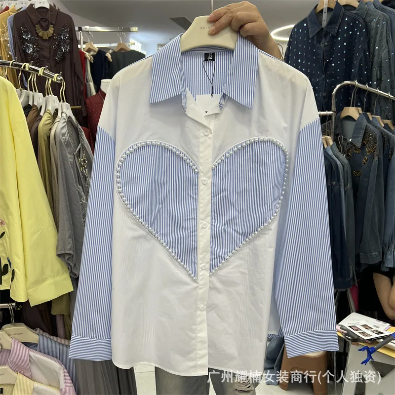 Fashionable Spring Autumn Women Blouses Colorblock Stripes Love Beading Turn-down Collar Long Sleeve Shirts Casual Cardigans Top