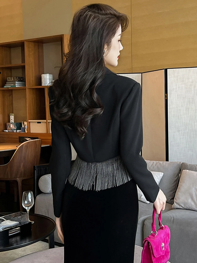 New Fashion Lady Black Tassels Formal Occasion Short Suit Women Clothing Elegant Office Commute Coat Blazer Jacket Mujer Outwear