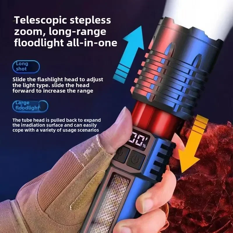 New Strong Light Flashlight USB Charging Ultra Bright Outdoor Long Range Zoom with LED Digital Display Type-C Fast Charging
