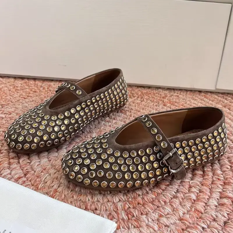 Designer Brand Original Water Diamond Ballet Shoes Retro Suede One Button Flat Shoes Mary Jane Single Shoes