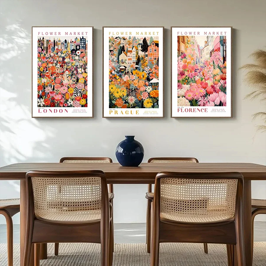 Multiple sizes 1pc frameless Large size Canvas Painting,Vintage Flower Market City Poster Wall Art Paris London Prague Amsterdam