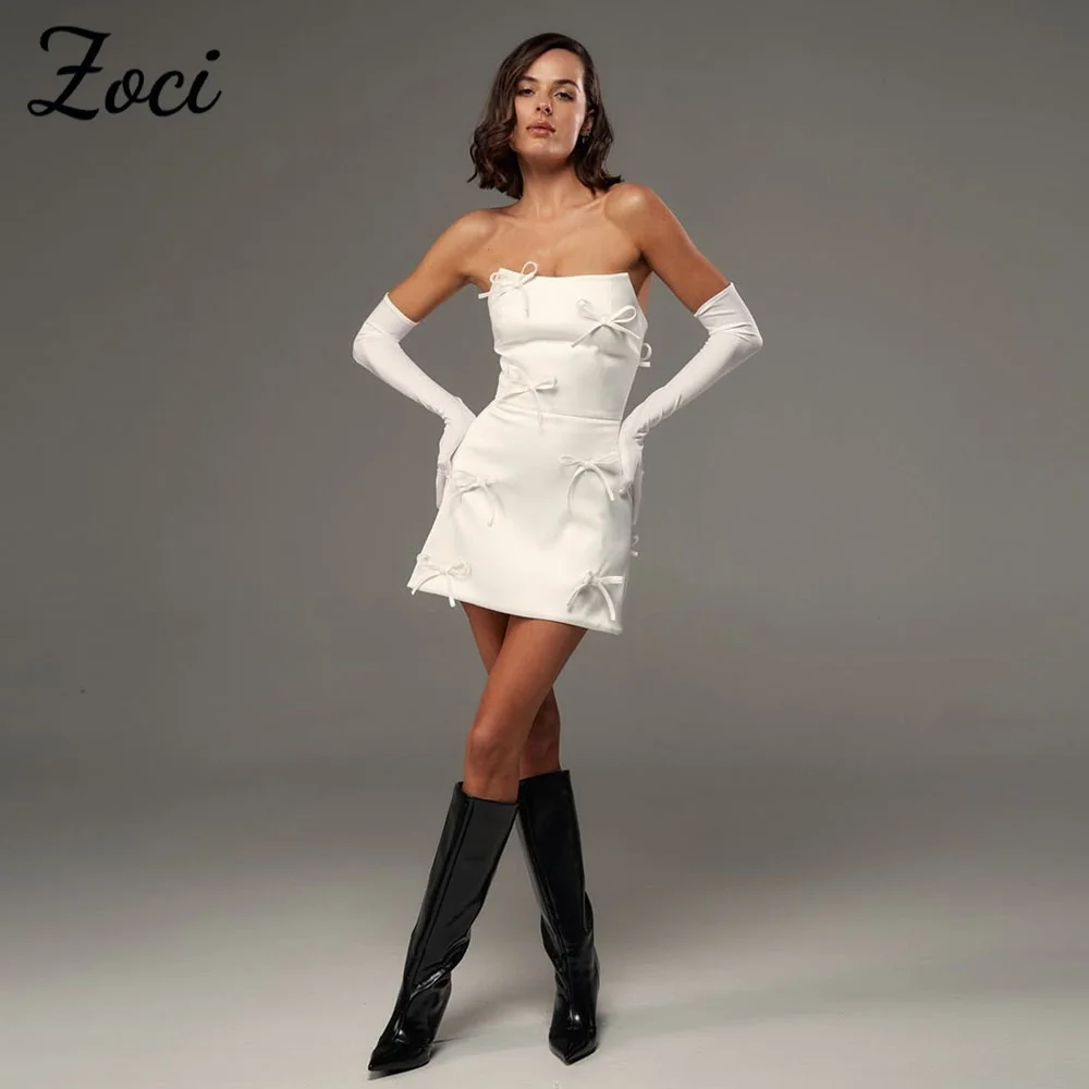 

Zoci Modern Strapless Short Wedding Dresses Long Gloves Mini Bow Bride Dress Customized Backless Lace Up Wedding Party Gown