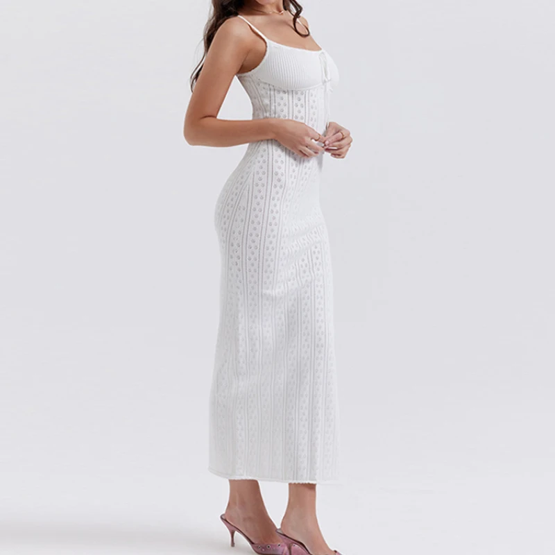 

2025 Summer New Elegant Pure Desire Spicy Girl Hollow Design Knitted Long Skirt Strap V-neck Fashionable Sexy Dress