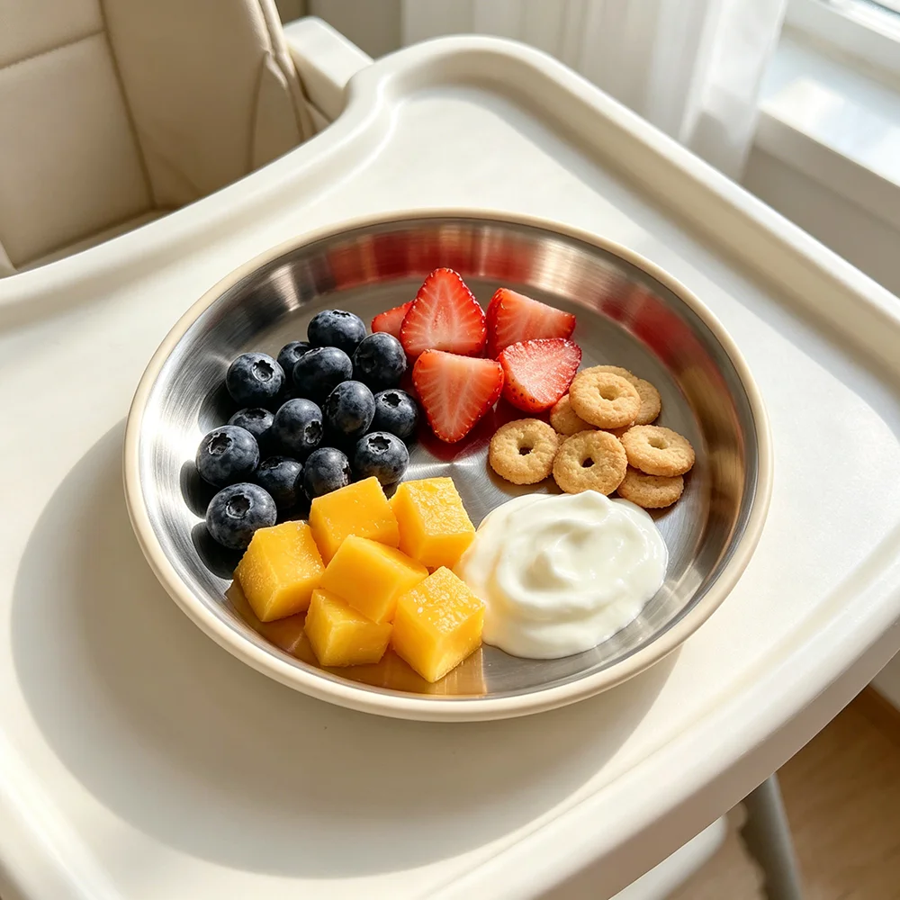 7.68 Inch Stainless Steel Baby Plate with Silicone Suction, 19.5cm Large Double Layer Dinner Plate for Toddlers